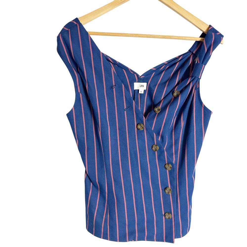 LPA Navy Blue Striped Sleeveless Asymmetric Button Front Fitted Tank Top Size S